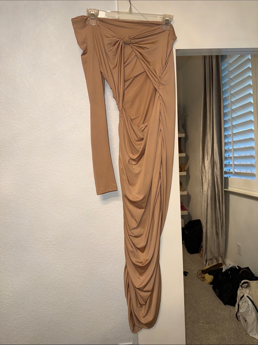 Amazon One-Shoulder TAN Cutout Ruched Midi Dress